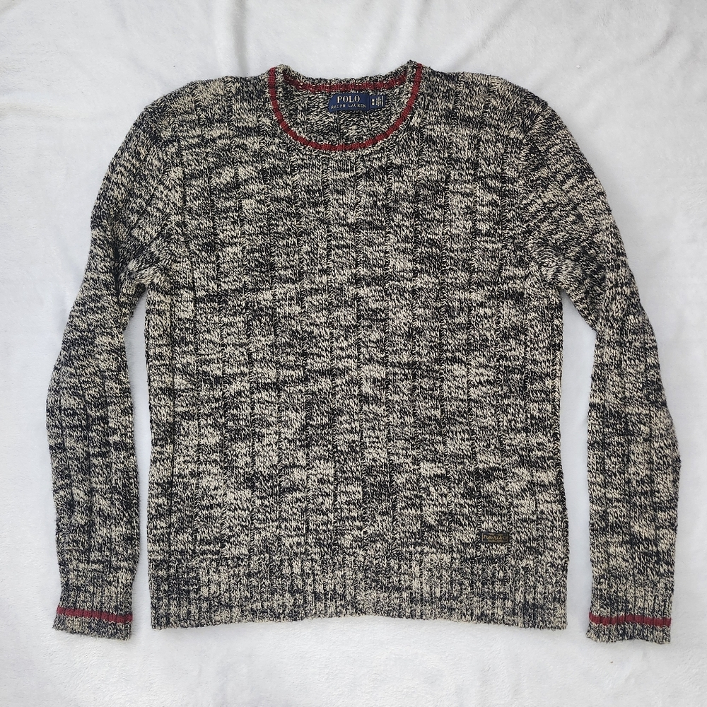 POLO RALPH LAUREN Unisex Cable Knit Crewneck Sweater‎ Black Cream Melange Medium